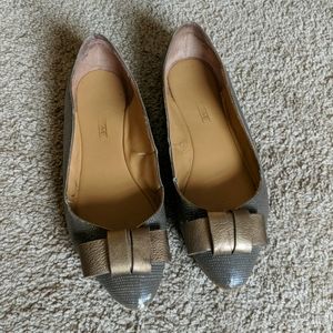 Bronze/grey leather flats with front bow detail